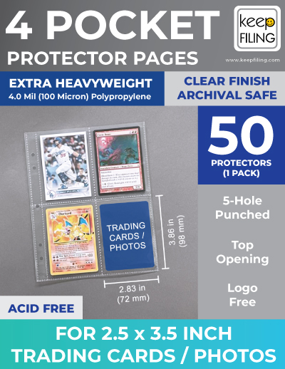 Keepfiling 4 Pocket Trading Card Page Protectors for 2.5x3.5 Cards and Photos
